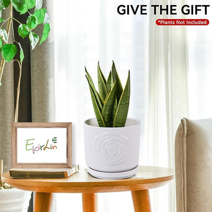Ekirlin 7 Inch Indoor Plant Pots, White Ceramic Flower Planters, Modern Style Succulents Containers with Drain Hole & Saucer Tray, Weatherproof Pot for Decorate Home,Office & Outdoor (Rose Design)