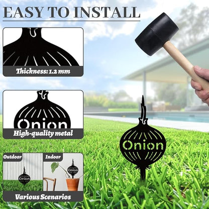 WADORN 3Pcs Vegetable Party Metal Decorative Garden Stakes, Onion Carrot Tomato Plant Label Signs Rust Weather Resistant Stakes Silhouette Ornaments for Yard Art Garden Patio Backyard Lawn Decors