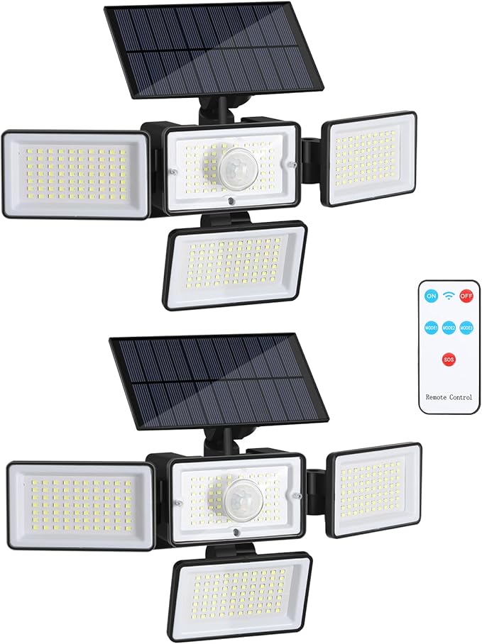 CADUKE Solar Motion Sensor Outdoor Lights, 4 Heads Solar Security Lights with Remote Control, IP65 Waterproof 2500LM Outdoor Lights for Yard, 2 Pack
