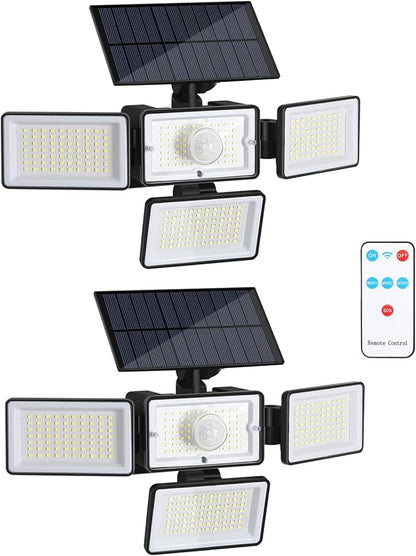 CADUKE Solar Motion Sensor Outdoor Lights, 4 Heads Solar Security Lights with Remote Control, IP65 Waterproof 2500LM Outdoor Lights for Yard, 2 Pack