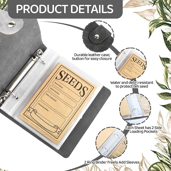 Seed Storage Organizer Binder, Leather Seed Packet Organizer with 50 Pack Seed Envelopes, Garden Seed Storage Holder Book, Plant Seed Saver, Flower Seed Keeper, Black, 3.1 x 4.7 Inch Seed Envelopes