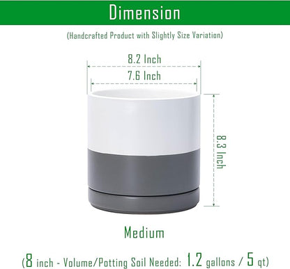 D'vine Dev 8.2 Inch Ceramic Planter Pot with Drainage Hole and Saucer, Indoor Cylinder Round Planter Pot, White/Speckled Grey, 94-O-D-6