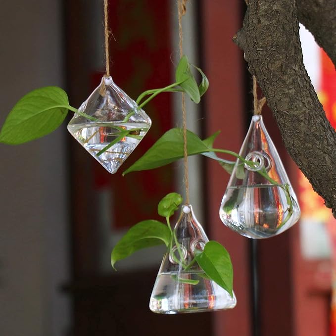 Kingbuy Hanging Glass Terrarium Propogation Planter Geometric Vase with Strings for Propagation Hydroponic Plant Home Garden Decor, 3 Type
