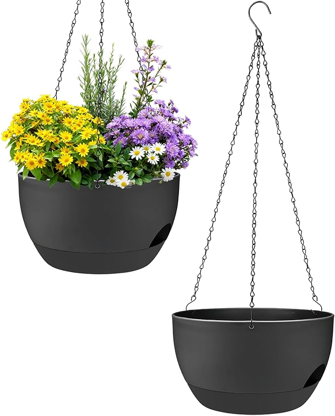 Set of 2-8 Inch Self Watering Hanging Planters for Indoor Outdoor，Hanging Plant Pots with Drainage & Removable Tray, Hanging Pots Holder for Ivy, Pothos, Ferns, Balcony & Patio, Black