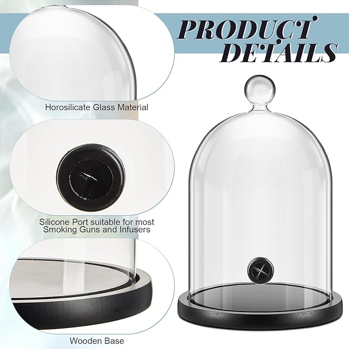 Uiifan 2 Pcs Smoking Cloche Smoking Gun Accessory Glass Dome Cloche Cover Infuser Cocktail with Wood Base for Whiskey Food Drinks, 9. 84 x 5. 91 Inch (Black)