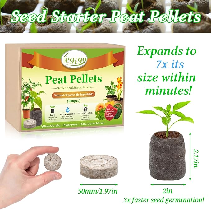 Legigo 50 PCS 50mm Peat Pellets Seed Starter Soil, Compressed Seed Starting Pods Plant Starter Soil Pods Plugs for Seedlings, Peat Pods for Starting Seeds, Herbs Tomatoes Flowers and Vegetables