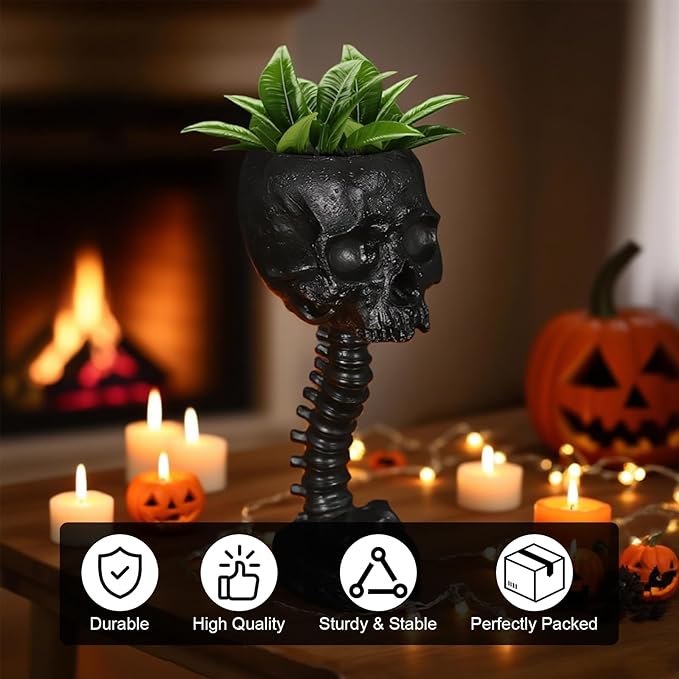 Skull Planter Gothic Skull Vase, Resin Skulls Bowl with Spine Stand Spooky Halloween Skeleton Tall Planters Centerpiece for Gothic Home Decor, Flower Pot, Candy Bowl