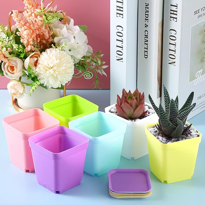 Zubebe 240 Pack Plastic Seedling Pots 3 Inch Flower Pots Small Square Plastic Plant Pots Succulent Planter Nursery Pots with Saucers for Outdoor Indoor Starting Seedlings Garden Room (Colorful)