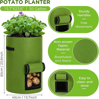 2 Pack 30 Gallon Potato Grow Bags with Harvest Window, Durable Garden Planter Bags with Handles for Potatoes, Tomatoes, and Vegetables - Indoor & Outdoor Gardening Supplies (Green)