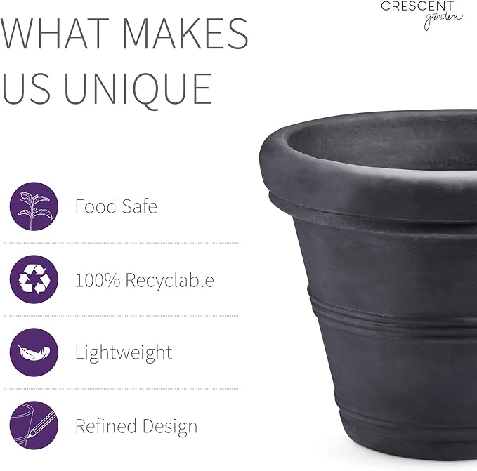 Crescent Garden Brunello Small Classic Black Planter, Indoor/Outdoor Weather-Safe Round Plant Pot, Small Resin Houseplant Pot for Patio, Porch, Garden - 12'' W (Black)