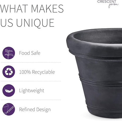 Crescent Garden Brunello Small Classic Rolled Rim Planter, Indoor/Outdoor Plastic Round Pot - Traditional Planter for Herbs, Plants, Houseplant -14''W (Black)