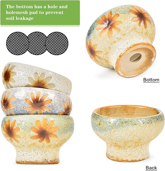 Sungmor Small Succulent Planters Set of 3, Beautiful Hand Crafted Ceramic Plant Pots Cute Cactus Pot, 4.9 Inch Flower Pots for Indoor Plants with Drainage, Desktop Windowsill Home Office Decor Pots
