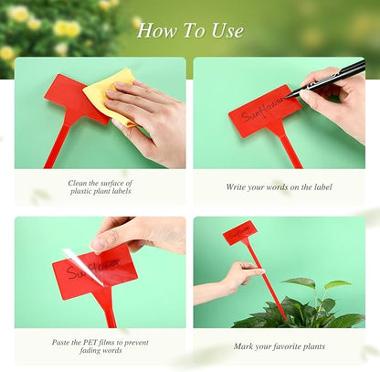 Marsui 202 Pcs Large Plant Labels Kit, Include 100 Outdoor Plastic Plant T Type Tags Waterproof Reusable Plant Markers Stakes, 100 PET Films and 2 Marker Pens for Herbs Pot (Red,11.8 Inch)