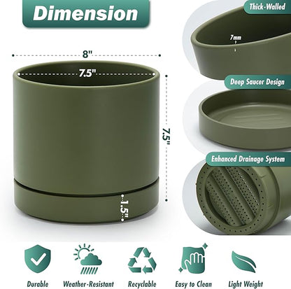 Phoenix Vine 8 Inch Planter Pot with Drainage Hole & Saucer, Deep Water Catch Tray, Straight Cylindrical Round Pot for Plants, Olive, Pack of 2, 23-F-T-2