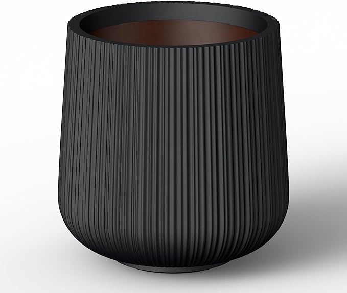 Kante 13.0" Dia Round Fluted Concrete Planter, Large Plant Pot with Drainage, Smooth Black Finish with Painted Interior, for Indoor and Outdoor Use
