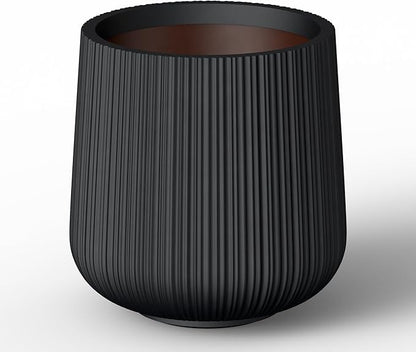 Kante 13.0" Dia Round Fluted Concrete Planter, Large Plant Pot with Drainage, Smooth Black Finish with Painted Interior, for Indoor and Outdoor Use
