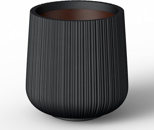 Kante 13.0" Dia Round Fluted Concrete Planter, Large Plant Pot with Drainage, Smooth Black Finish with Painted Interior, for Indoor and Outdoor Use