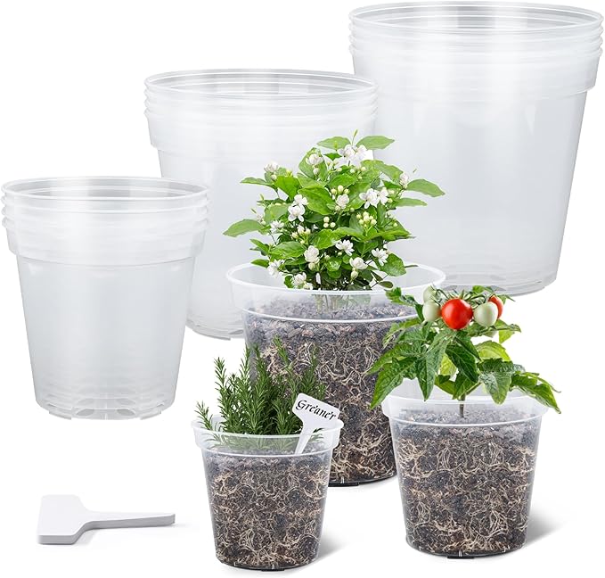 GREANER Clear Nursery Pots with Drainage, 6/7/8 Inch Plastic Plant Pot with 20 Plant Labels, Transparent(Pack of 15)