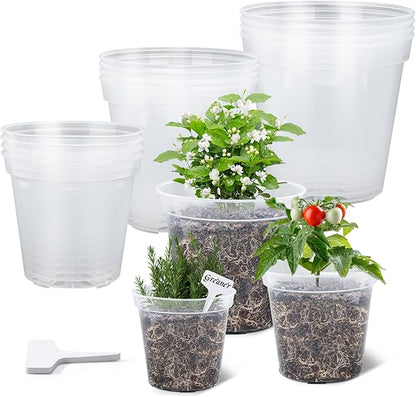 GREANER Clear Nursery Pots with Drainage, 6/7/8 Inch Plastic Plant Pot with 20 Plant Labels, Transparent(Pack of 15)
