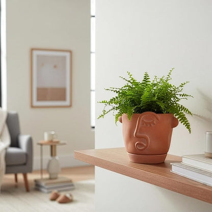 6 Inch Terracotta Abstract Face Planter with Drainage & Saucer – Artistic Ceramic Flower Pot for Indoor Plants, Boho Home Decor, Unique Gift for Plant & Art Lovers
