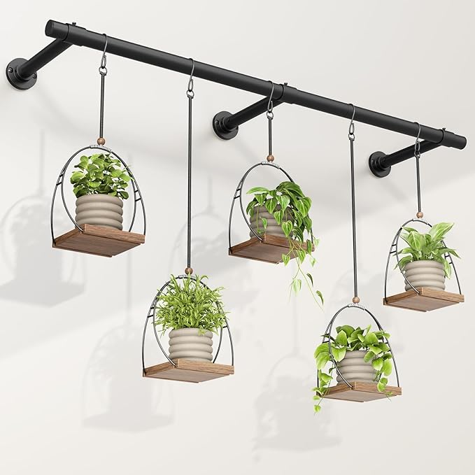 Window Plant Hanger Indoor, 80 Inch Heavy Duty Plant Hanging Rod, 1 Inch Metal Hanging Plant Holder for Window Wall, Matte Black Round Flange Base, Pot Not Included