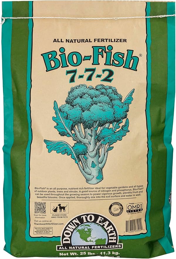 Down To Earth All Natural Fertilizers Organic Bio-Fish - Plant Food for Corn, Broccoli, Kale, Trees and Shrubs 7-7-2, 25 lb