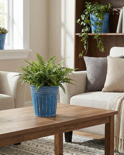 6 Inch Steel Blue Metal Rustic Flower Pots - 6Pcs Galvanized Planters with Drainage Hole and Rubber Plug, Rustproof Metal Bucket Plant Pots Farmhouse Vintage Style for Decor