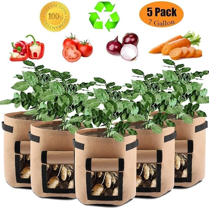 Hengwei Potato Grow Bag, 5 Pack 7-Gallon Garden Planter Bags - Update Garden Vegetables Planter BagsGarden Tub for Vegetable/Potato/Carrot/Onion/Carrot Growing (5 Pack, Brown)