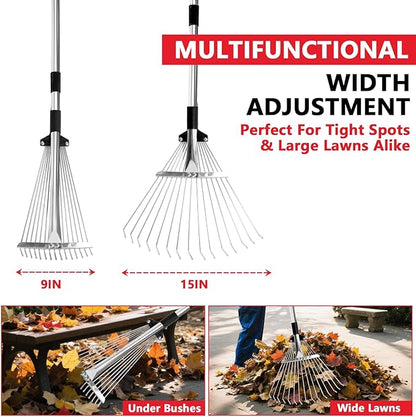 Leaf Rake Adjustable 23" to 75" - Stainless stelel Rake for Leaves, Garden Tools for Yard Lawn Shrub Garden Beds, Rastrillo para Jardin