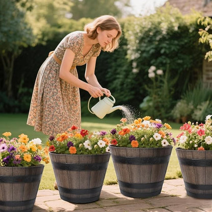 Large Plant Pots, 22.25 Inch 2 Pack Plastic Whiskey Barrel Planters, Big Flower Pots Wine Barrel Design for Outdoor Indoor, Garden, Porch, Patio, Backyard