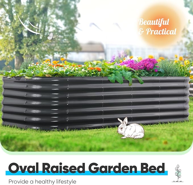 Quictent Galvanized Raised Garden Bed Kit, 6x3x2 ft Oval Metal Planter Box Tall for Vegetables Outdoor Backyard, Strengthened by Crossbar, Dark Gray