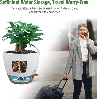 12inch 2Pack Large Self Watering Planters, Plastic Plant Pots with 60oZ Removable Deep Reservoir and Multi Mesh Drainage Holes for Indoor Outdoor Garden Plants and Flowers, White with Brown