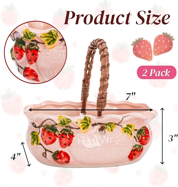 2 Pack Ceramic Succulent Planters, 7 Inch Shallow Bonsai Plant Pot with Handle Drainage Hole, Flower Container Bowl for Cactus Tree, Indoor Outdoor Office Decor, Strawberry Pattern