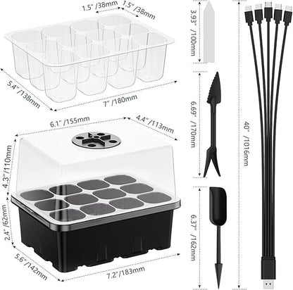 NBPLUS Seed Starter Tray with Grow Light, 5 Pack 60 Cells Seed Starter kit with Humidity Dome and Base, Plant Seedling Trays Indoor Greenhouse Gardening (Black 5 Pack)