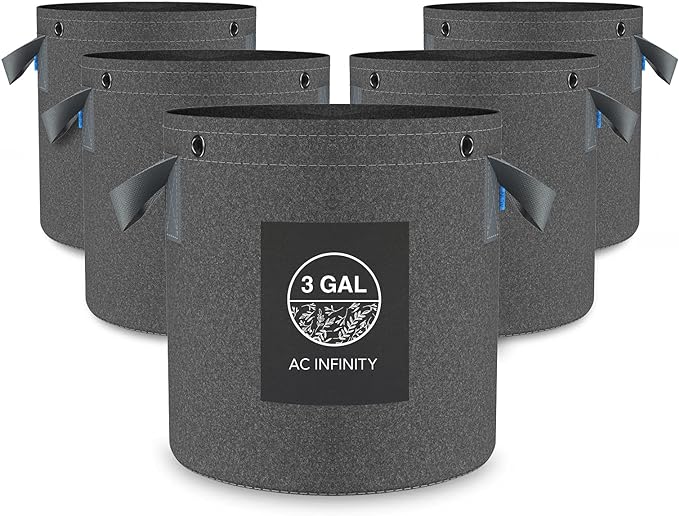 AC Infinity Heavy Duty Fabric Pots, 3 Gallon Aeration Reusable Grow Bags 5-Pack with 500G Thick Nonwoven Fabric and Multi-Purpose Rings, for Low Stress Plant Training Fruits, Vegetables, and Flowers
