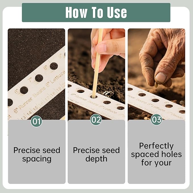 Seed Spacers Planting Tool, Garden Seed Planter Ruler with 2 Wooden Stakes, Ideal for Seedlings, Gardeners and Garden Planning, Precise Planting Template for Perfect Rows and Even Growth