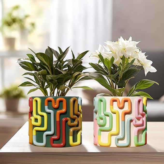 GUGUGO Colorful Squiggle Lines Planters Cute Unique Rainbow Planter with Drainage, Vintage Retro Flower Plant pots for Indoor Plants, Eclectic Succulent Gardening Pot for Boho Modern Décor, Green