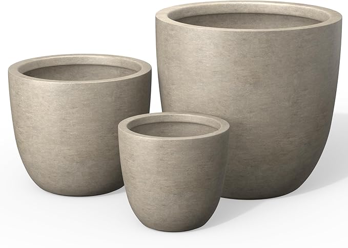 Kante Round Concrete Planter Set of 3, Large Outdoor Indoor Plant Pots with Drainage Hole, 10/14/18-Inch Diameter Flower Pots for Patio, Garden and Home, Weathered Concrete
