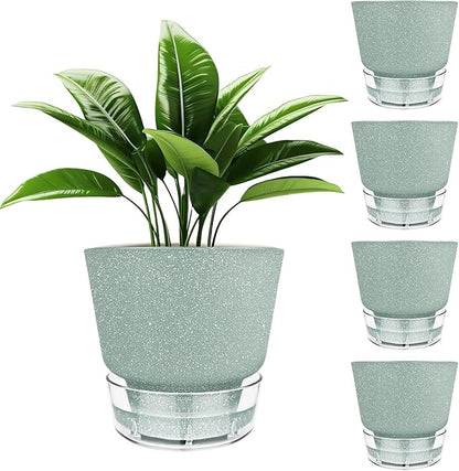 Green Self Watering Plant Pots - 6" Planters for Indoor Plants - Pack of 5 Flower Pots - Plant Pots with Drainage Hole and Tray Saucer (Frosted Dark Green)
