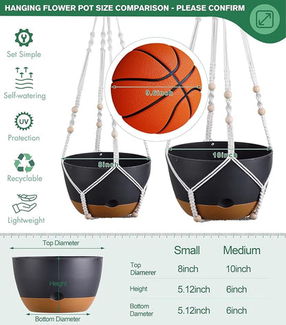montresor Set of 2-8 Inch Hanging Planters for Indoor Plants with Self-Watering Includes Hanging Pots for Plants, Outdoor Hanging Plant Pot with Drainage, and 2 Types of Baskets Hangers (Black)