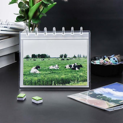 Discbound Photo Album with Clear PET Cover 20 Sheets Clear PP Sleeves 7 Discs Bound Organizer Left Side Open Pockets for Cash Money Stickers Photos Cards (7 Rings 1 Pocket)