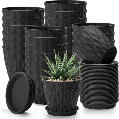 24 Pack 4 Inch Plant Pots Bulk Small Pots for Succulents Waffle Texture Plastic Planter with Drainage Holes and Saucers for Indoor Outdoor Plants Flowers, Seedlings (Black)