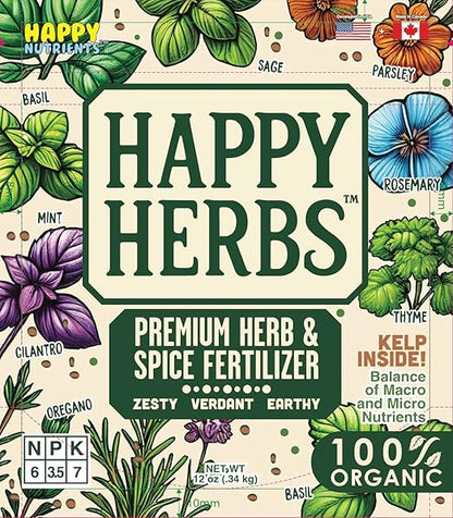 Fertilizer for Herbs Happy Herb Organic Fertilizer by Happy Nutrients – Plant Food for Basil, Mint, Cilantro, Rosemary, Thyme & More – Macro & Micro Nutrients for Home Gardens – 12 oz (0.34 kg)