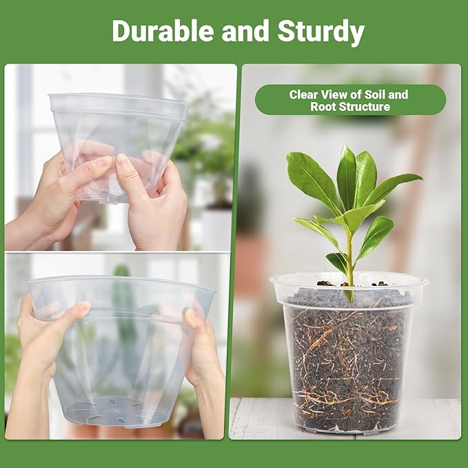 GREANER 4/5/6/7/8/9 Inch Reinforced Clear Nursery Pots, Transparent Variety Pack Plastic Nursery Pots, 30 Packs Seed Starting Pot Flower Plant Container with Drainage Holes and 20 Plant Labels