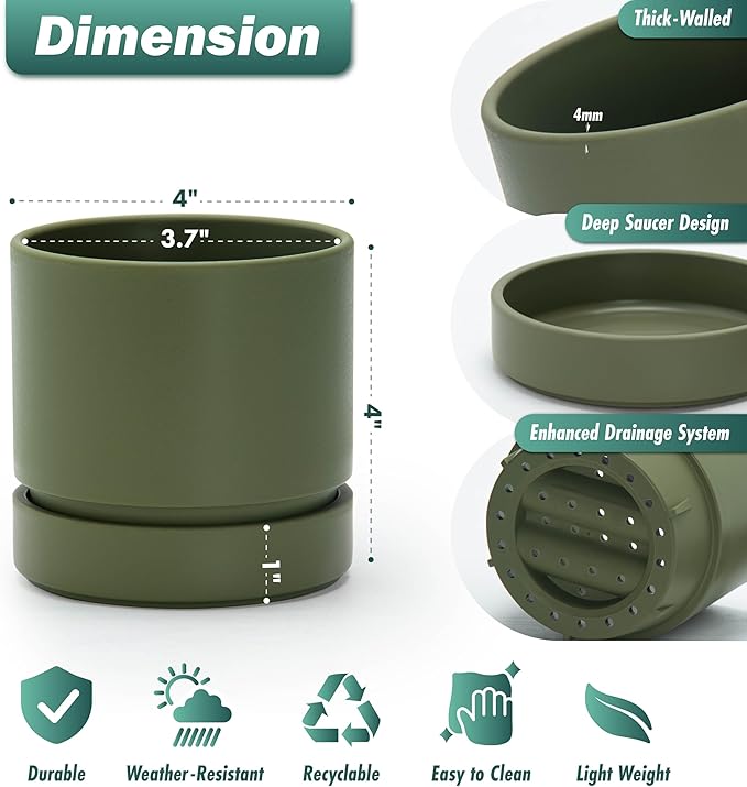 Phoenix Vine 4 Inch Planter Pot with Drainage Hole & Saucer, Deep Water Catch Tray, Straight Cylindrical Round Pot for Plants, Olive, Pack of 4, 23-F-R-4