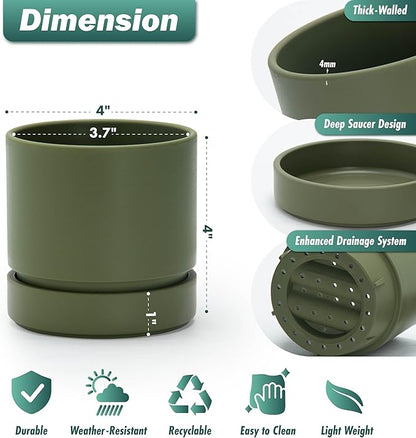 Phoenix Vine 4 Inch Planter Pot with Drainage Hole & Saucer, Deep Water Catch Tray, Straight Cylindrical Round Pot for Plants, Olive, Pack of 4, 23-F-R-4
