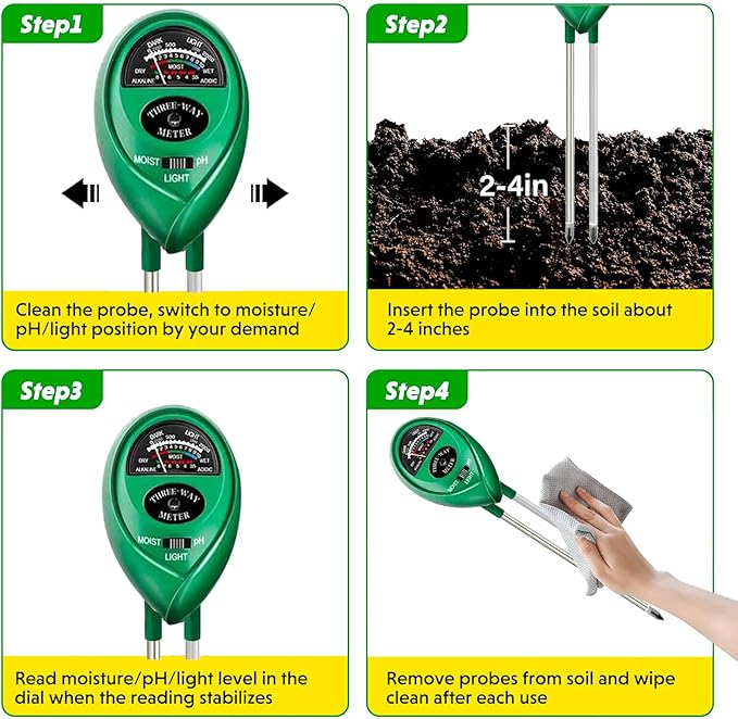 Soil Tester for Garden, Soil pH Meter 3-in-1 Soil Test Meter for Moisture/Lighting/pH, Soil Moisture Meter for Potting Soil, Farm, Lawn, No Battery Required