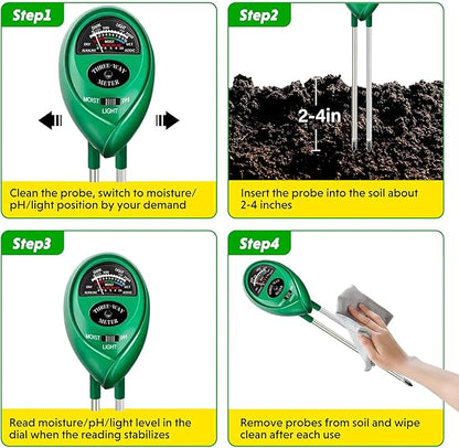 Soil Tester for Garden, Soil pH Meter 3-in-1 Soil Test Meter for Moisture/Lighting/pH, Soil Moisture Meter for Potting Soil, Farm, Lawn, No Battery Required