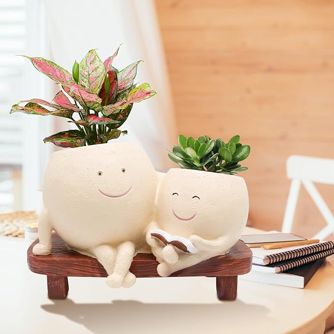 Smily Face Planter Pot for Plants, Cute Double Head Planters for Indoor Outdoor Plants, Modern Lady Head Vase Girl Face Planter, Unique Succulent Pots with Drainage Hole (Khaki)