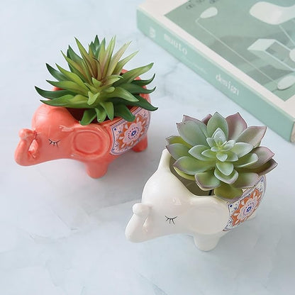 Cute Animal Elephant Shaped Ceramic Succulent Cactus Air Plant Flower Pots Planters-Plant Not Included (White)
